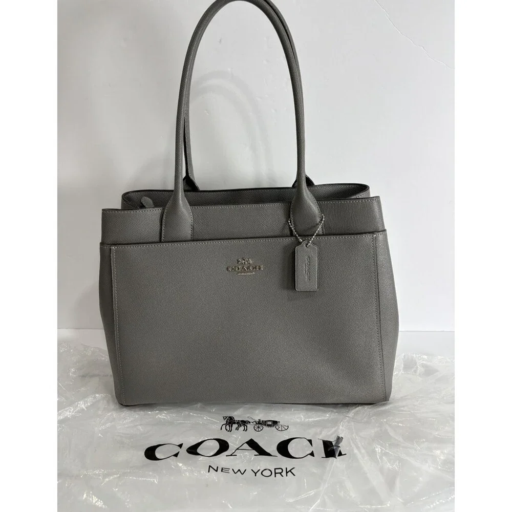 COACH Casey F31474 Tote Bag Purse Gray Durable Crossgrain Leather Large Logo